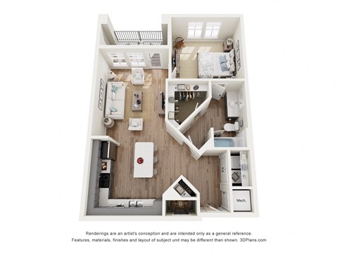 Floor plan for 1 bed, 1 bath, 852 sqft